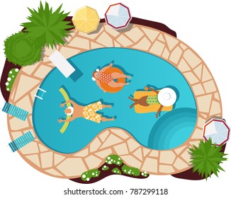 Group of senior citizens relaxing in a pool, view from above, EPS 8 vector illustration