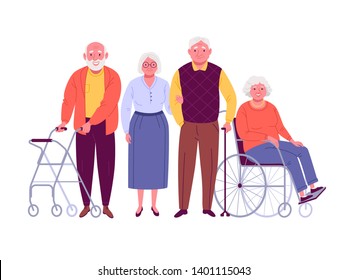 Group of senior citizens. Vector illustration of smiling elderly men and women with assistive devices, such as four wheeled walker, walking stick and wheelchair. Isolated on white.