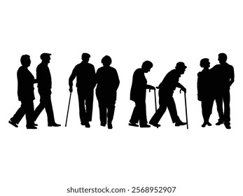 Group of Senior Couple Walking Silhouette isolated white background. Vector Illustration