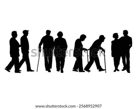 Group of Senior Couple Walking Silhouette isolated white background. Vector Illustration