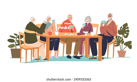 Group Of Senior Friends Playing Cards. Older Men And Women Spend Time Together Relaxing And Having Fun While Play Board Games, Bridge Or Poker. Cartoon Vector Illustration