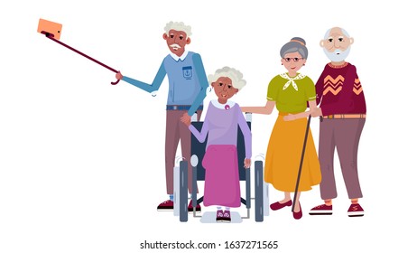 Group of Senior make Selfie. Afro American Old woman sit in wheelchair, her husband make selfie photo them and friends. Happy retired people are in activity life. Vector flat illustration.