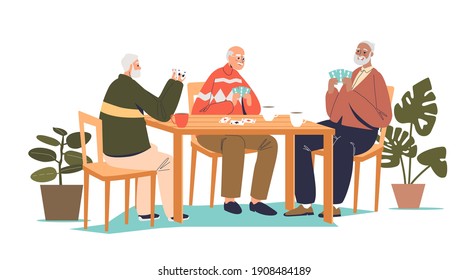 Group Of Senior Men Sitting Together At Table And Playing Cards, Bridge Or Poker. Elderly Friends Spend Time Together. Cartoon Flat Vector Illustration