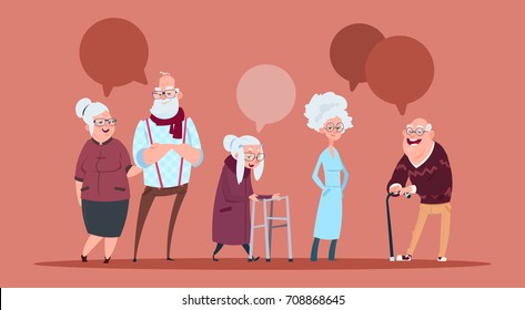 Group Of Senior People With Chat Bubble Walking With Stick Modern Grandfather And Grandmother Full Length Flat Vector Illustration
