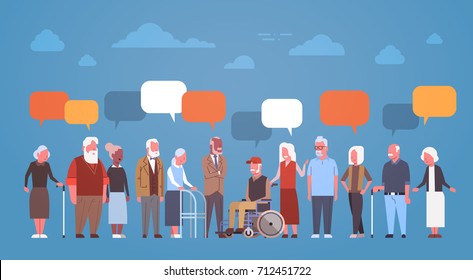 Group Of Senior People With Chat Bubble Grandfather And Grandmother Full Length Flat Vector Illustration