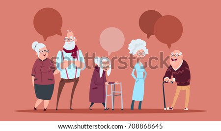 Group Of Senior People With Chat Bubble Walking With Stick Modern Grandfather And Grandmother Full Length Flat Vector Illustration