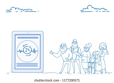Group senior people mobile application online medical care pensioners hospital health care app concept sketch doodle hand drawn horizontal vector illustration