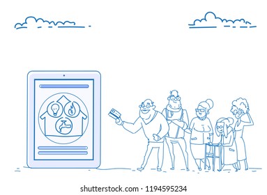 Group senior people mobile application online communal payments modern pensioners credit card pay concept sketch doodle hand drawn horizontal vector illustration