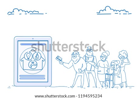 Group senior people mobile application online communal payments modern pensioners credit card pay concept sketch doodle hand drawn horizontal vector illustration