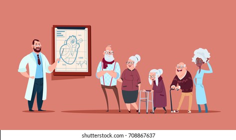 Group Of Senior People On Consultation With Doctor, Pensioners In Hospital Health Care Concept Flat Vector Illustration