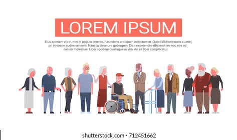 Group Of Senior People Over White Background Modern Grandfather And Grandmother Full Length Flat Vector Illustration