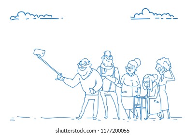 Group senior people taking selfie photo self stick grandfather grandmother old friends sketch doodle hand drawn horizontal vector illustration