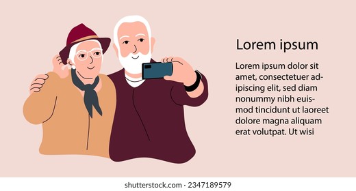 Group Of Senior People Taking Selfie Photo With Mobile Phone Modern Grandfather And Grandmother Flat Vector Illustration