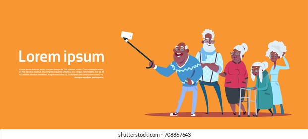 Group Of Senior People Taking Selfie Photo With Self Stick Modern African American Grandfather And Grandmother Flat Vector Illustration
