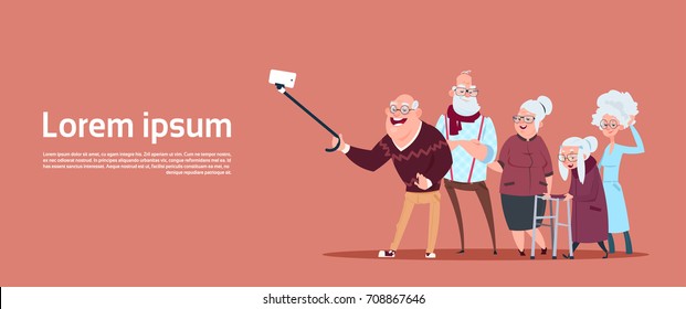 Group Of Senior People Taking Selfie Photo With Self Stick Modern Grandfather And Grandmother Flat Vector Illustration - Shutterstock ID 708867646