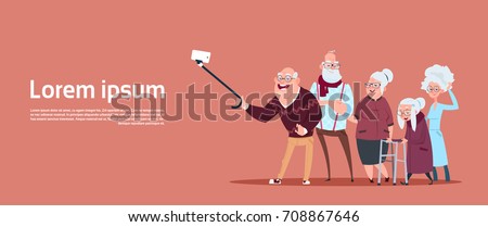 Group Of Senior People Taking Selfie Photo With Self Stick Modern Grandfather And Grandmother Flat Vector Illustration