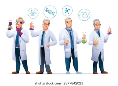 Group of senior scientist professor characters in cartoon style