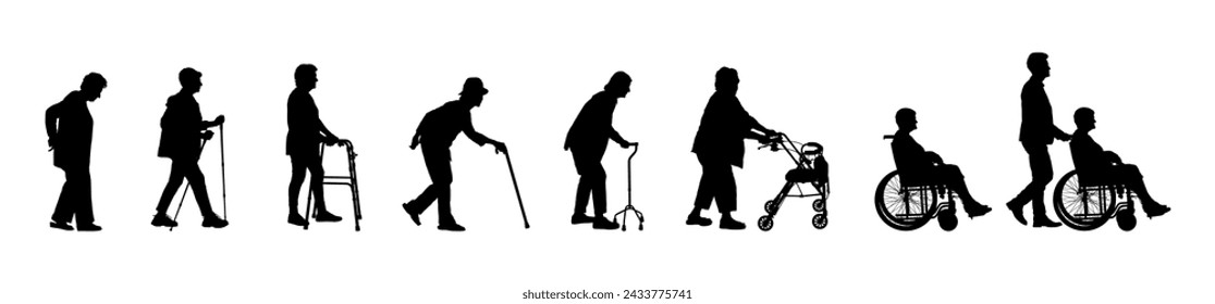 Group of senior woman use walking aids in row side view silhouettes set.