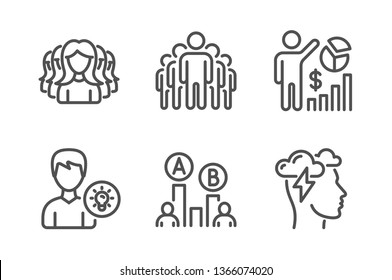 Group, Seo statistics and Women group icons simple set. Ab testing, Person idea and Mindfulness stress signs. Managers, Analytics chart. People set. Line group icon. Editable stroke. Vector