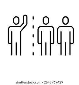 Estilo de contorno do ícone de separação de grupos. Uma pessoa separada do grupo com linha divisória mostrando isolamento, divisão ou status externo. Ilustração de vetor de símbolo de linha fina.