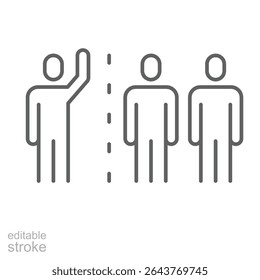 Group separation icon outline style. One person standing apart from group with divider line showing isolation, divide, or outsider status. Thin line symbol vector illustration. Editable stroke