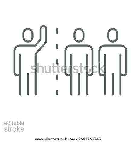 Group separation icon outline style. One person standing apart from group with divider line showing isolation, divide, or outsider status. Thin line symbol vector illustration. Editable stroke