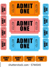 group of sequentially numbered admit one tickets in orange, pink and blue.