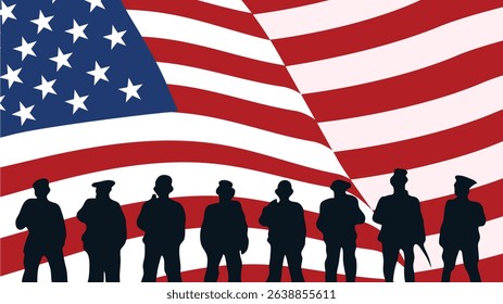 Group of service silhouettes saluting in front of large waving USA flag