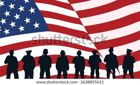 Group of service silhouettes saluting in front of large waving USA flag