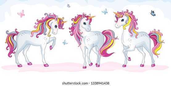 Group or set of beautiful unicorns on white background. Vector cartoon illustration for children's print, sticker. Isolated image with magic horse or pony. Fairytale animals in the clouds. Wonderland.