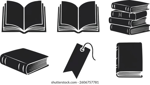  Group or Set Collection of book  Black Silhouette on White Background