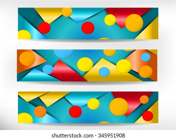 Group, set, collection of isolated, blue, banners with pattern - colorful dots and triangles, design for website