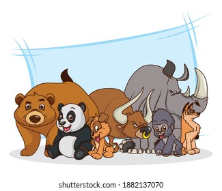 group of seven animals comic cartoon characters vector illustration design