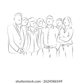 group of seven businesspeople standing together illustration vector hand drawn with black lines isolated on white background. 