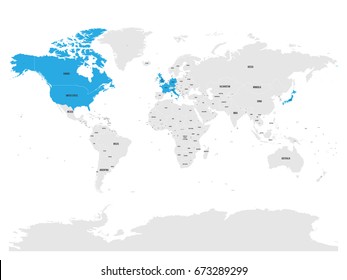 Group of Seven countries, G7, highlighted in the World map. Vector illustration.