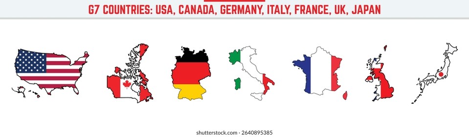 Group of Seven countries G7 - Outlined map with National Flags - USA, Canada, France, Germany, Italy, Japan, United Kingdom countries Political World Map Illustration