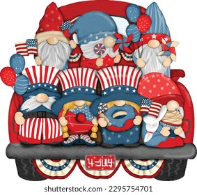 Group of seven cute Gnomes with Truck independence day Digital painting watercolor