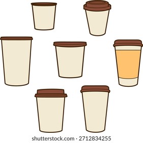 Un grupo de siete vasos de papel desechables con tapas marrones, algunos conteniendo café, dispuestos sobre un fondo blanco.