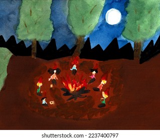 A group of seven dwarfs in a forest close to a campfire. Watercolor painting.