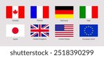 The Group of Seven flag vector illustration. G7 and EU rectangle flags icons with members countries names. Canada, France, Germany, Italy, Japan, United Kingdom, USA simple stickers. geometric signs