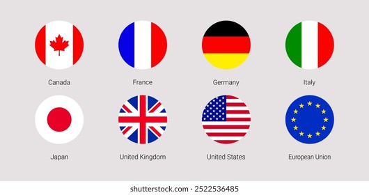 Die Vektorgrafik der Gruppe der Sieben. G7- und EU-Flaggensymbole mit Ländernamen der Mitglieder. USA, Frankreich, Deutschland, Italien, Japan, Vereinigtes Königreich, EU einfache Aufkleber. geometrische Zeichen.