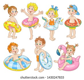 A group of seven funny children in different poses with swimming circles. In cartoon style. Isolated on white background. Vector illustration.