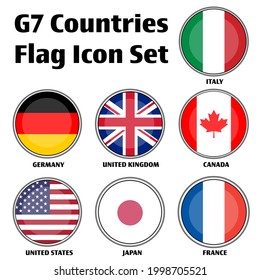 Group of Seven (G7) 3D Button Country Flag Vector Circle Icon Set for push button and global issue concepts. United States of America, Germany, Italy, Japan, France, United Kingdom, and Canada. 