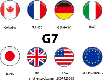 Group Of Seven (G7) Country Flag Vector Circle Icon, G7 Countries Flag Vector In Circle Shape.