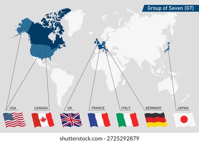 Group of Seven (G7), infographic and map. Worlds largest advanced economies.