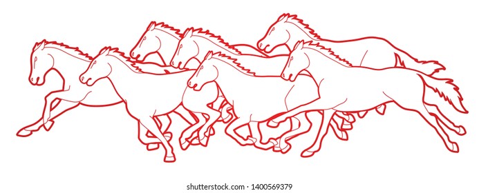 Group of seven Horses running cartoon graphic vector