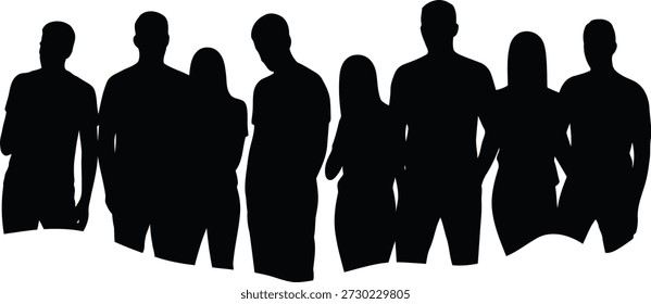 Grupo de sete indivíduos, incluindo homens e mulheres, apresentados como silhuetas negras gritantes em uma linha sobre um fundo branco.