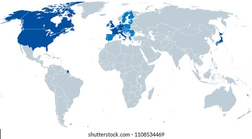 Group of Seven, map. Worlds largest advanced economies. Canada, France, Germany, Italy, Japan, United Kingdom, United States. Attended by Council President of European Union, light blue. Vector.