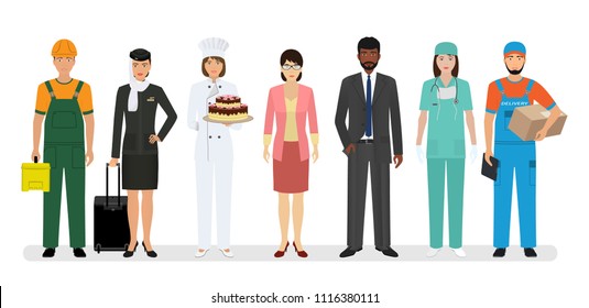 Group of seven people with different occupation including baker chief and nurse. Employment and labor day banner. Employee and workers characters standing together. Vector illustration.