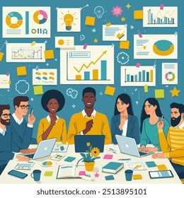 A group of seven people are engaged in a collaborative brainstorming session, surrounded by charts, graphs, and colorful post-it notes, creating a vibrant, professional environment.